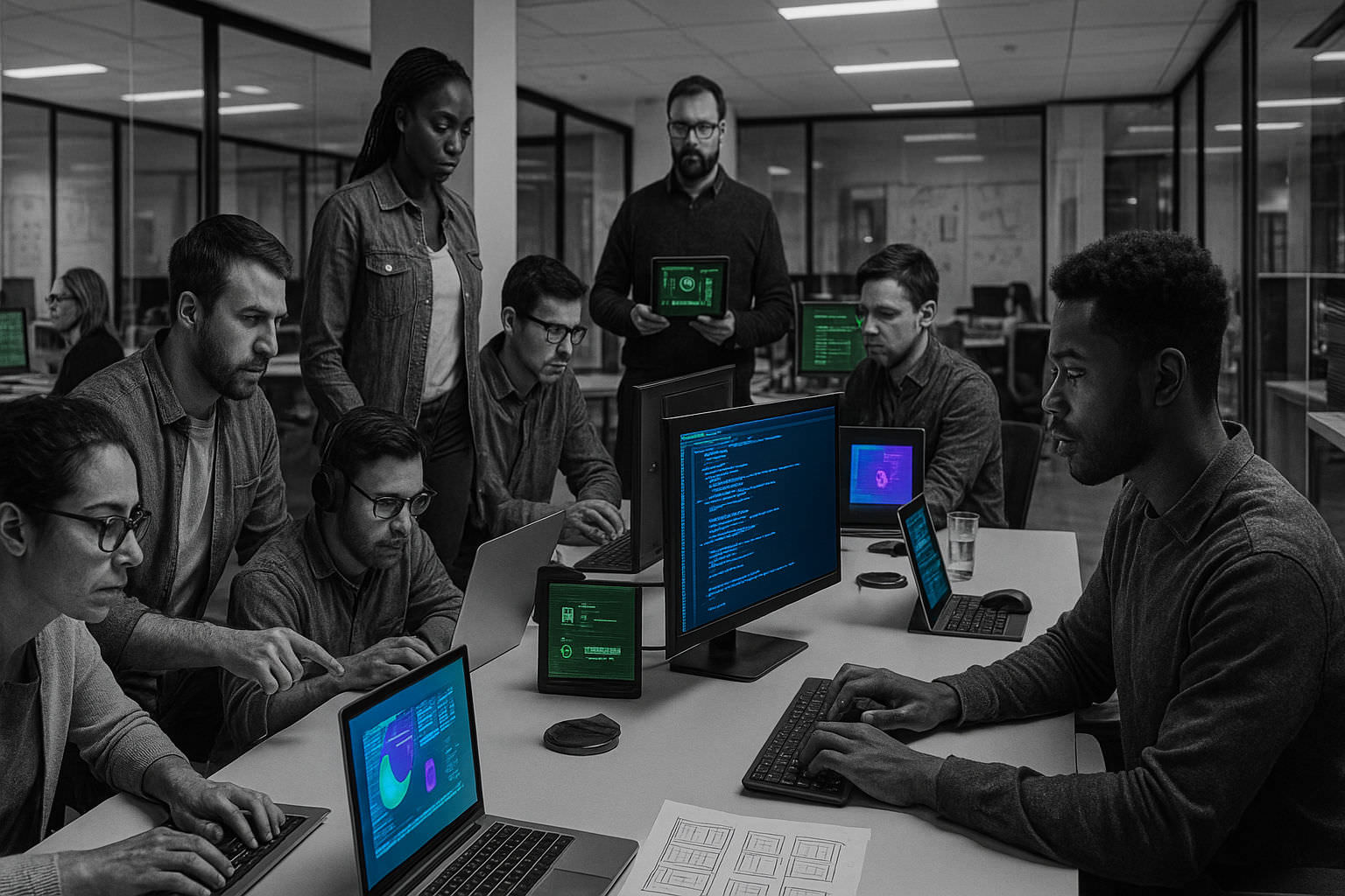 Développeurs informaticiens travaillant sur des ordinateurs lors d'un test de recrutement IT