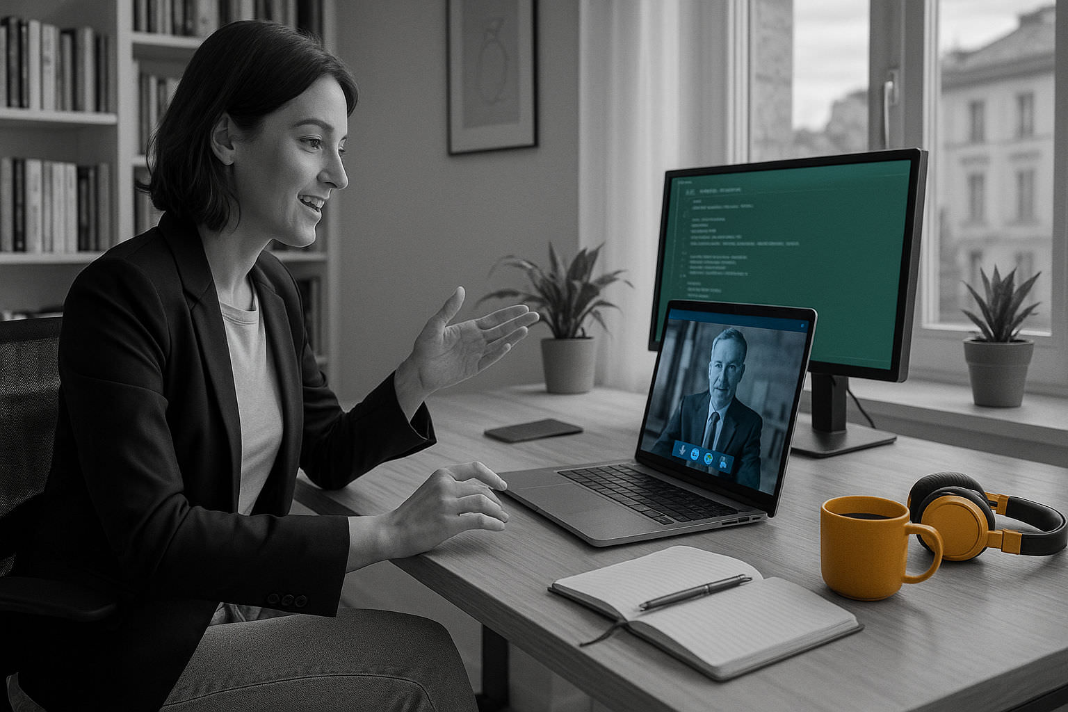 Professional teleworking on a laptop in a modern remote work environment