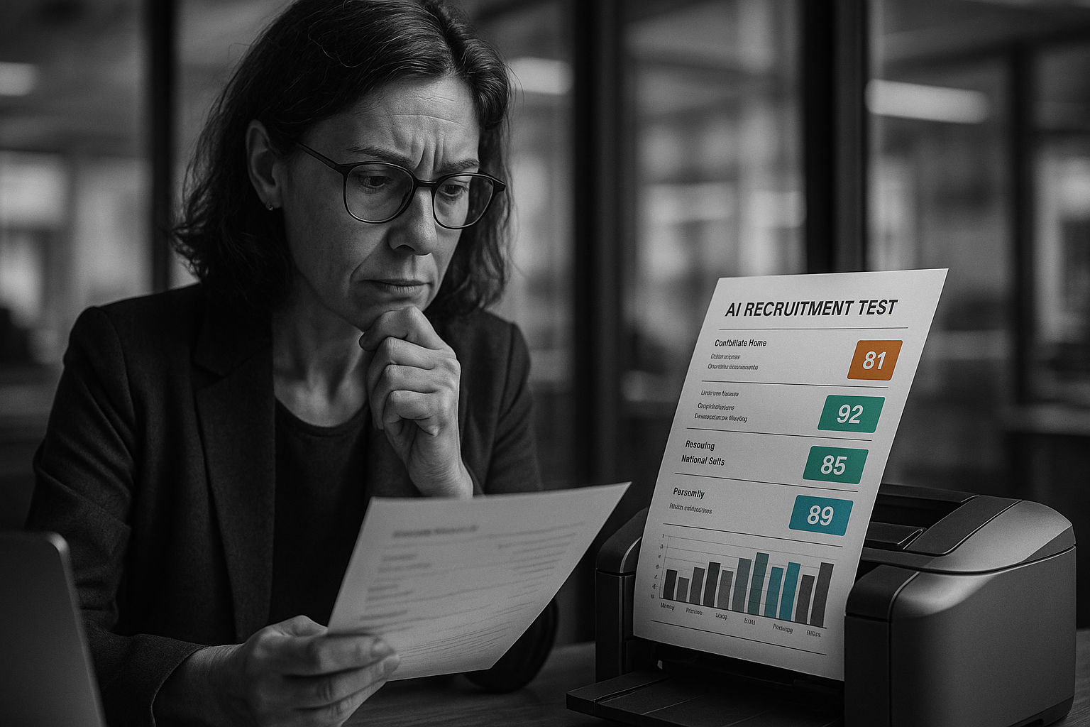 Professionnel RH analysant des résultats de tests d'évaluation sur écran