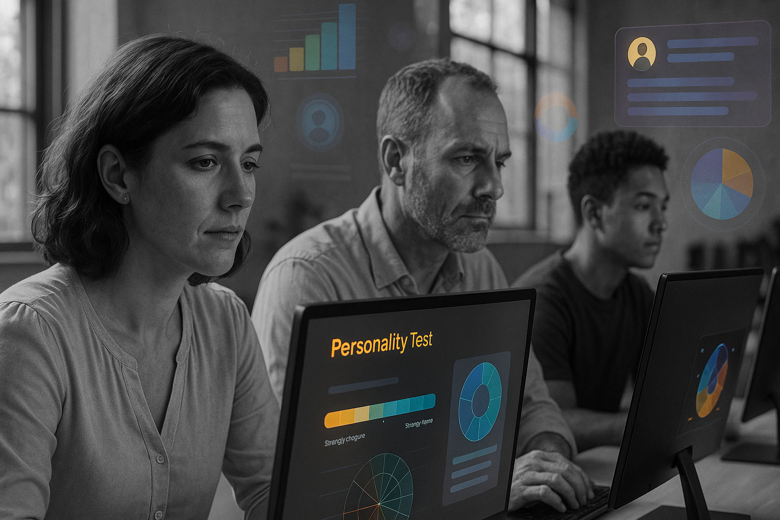 Professionnel RH analysant les résultats de tests de personnalité Big Five et MBTI sur écran
