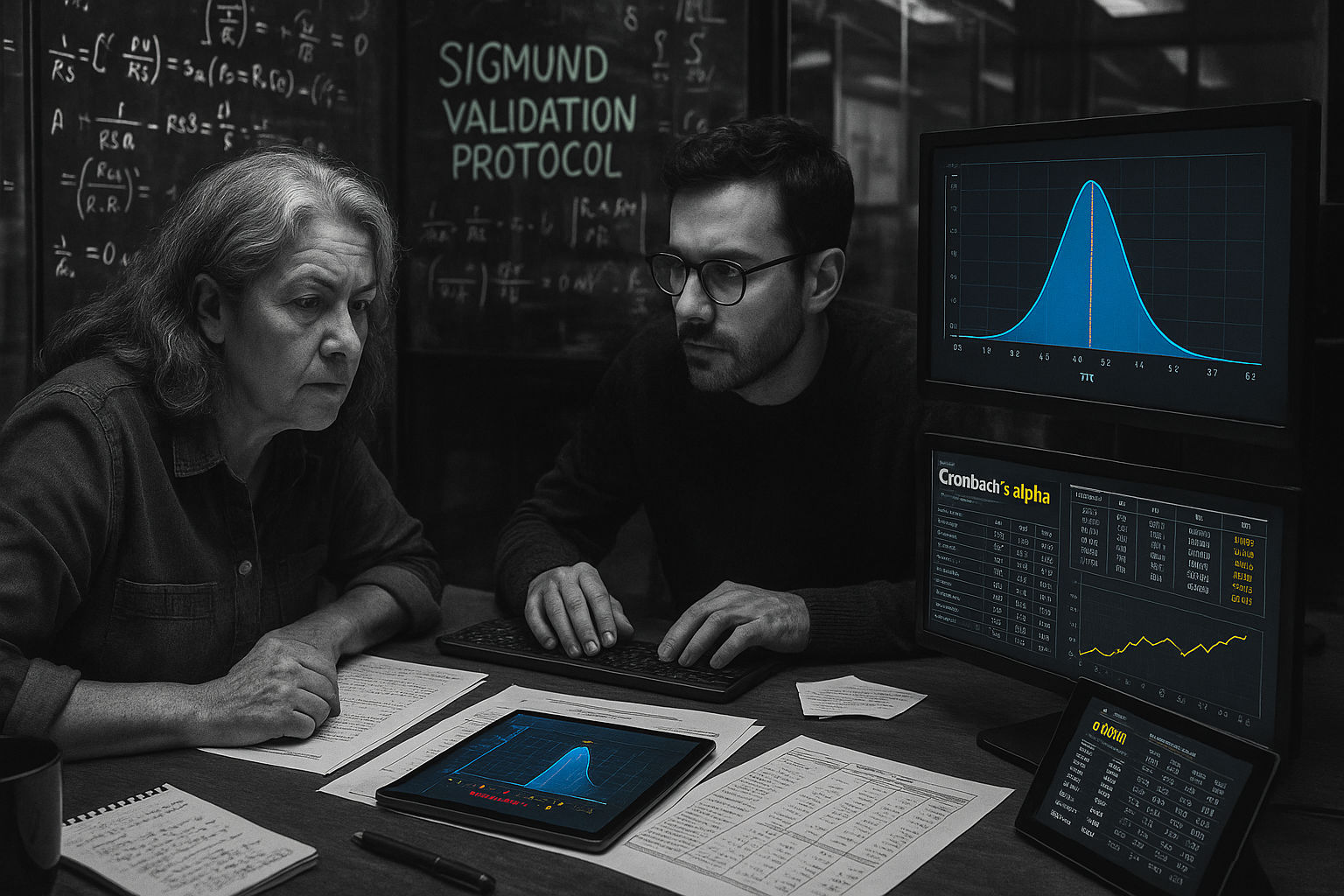 Psychologue validant scientifiquement un test de recrutement avec des données statistiques