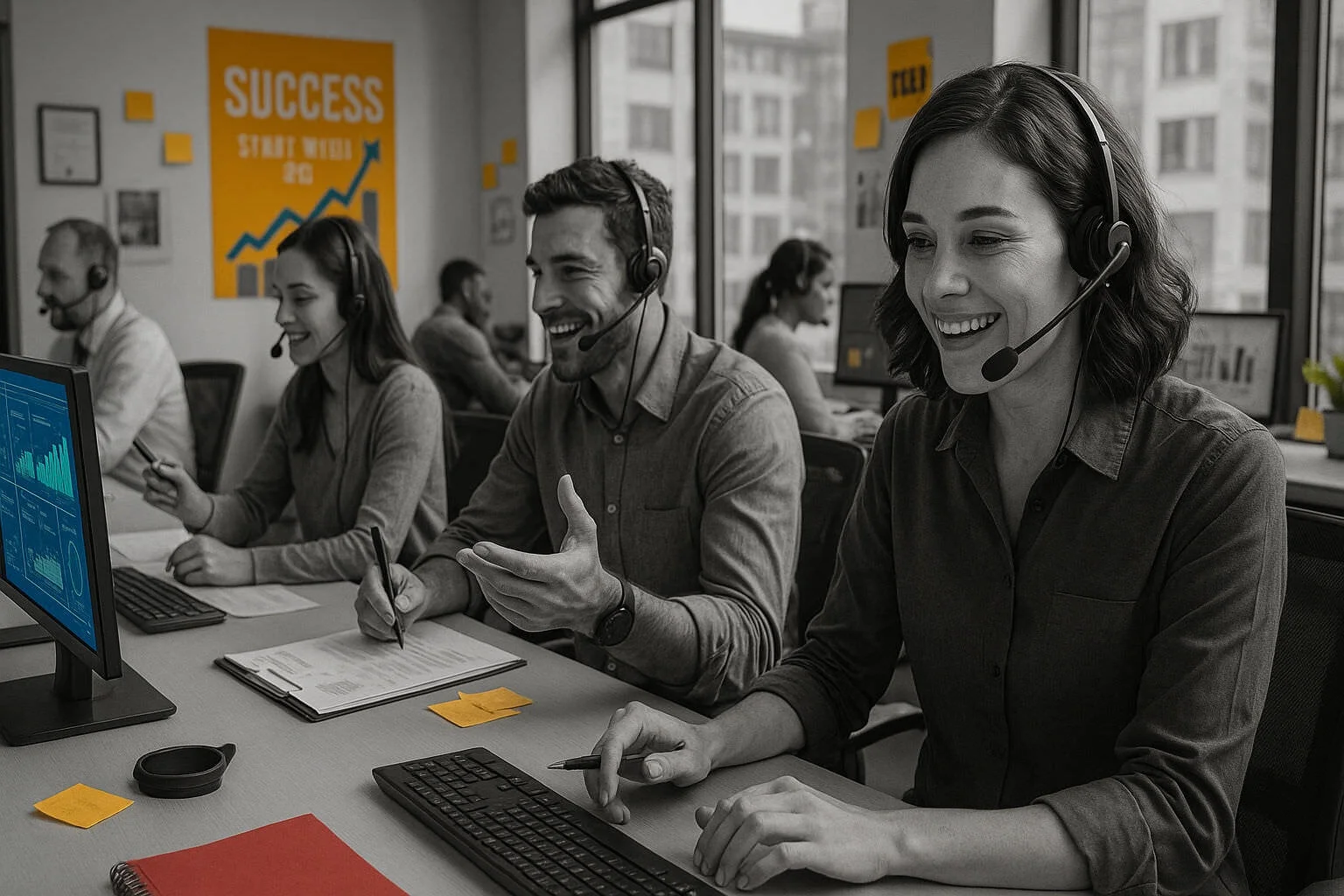 Téléconseillère souriante avec casque dans un centre d'appels moderne évaluant ses compétences commerciales — centre d'appels, Téléconseiller